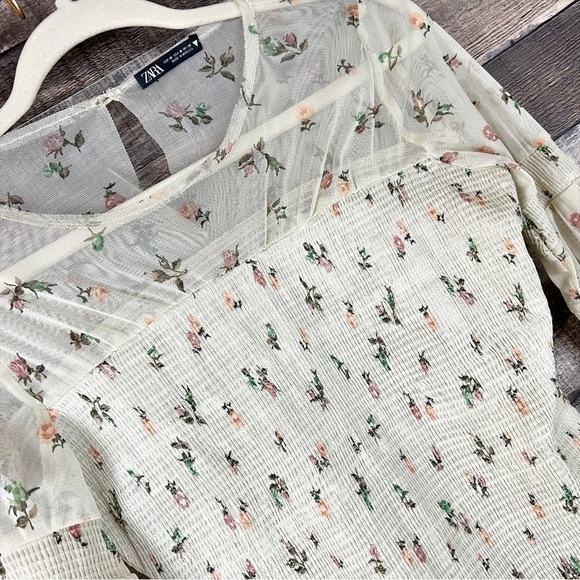 Zara Sheer Mesh Cream Floral Smocked Cottagecore Balletcore Top Boho Fairycore - Picture 4 of 4